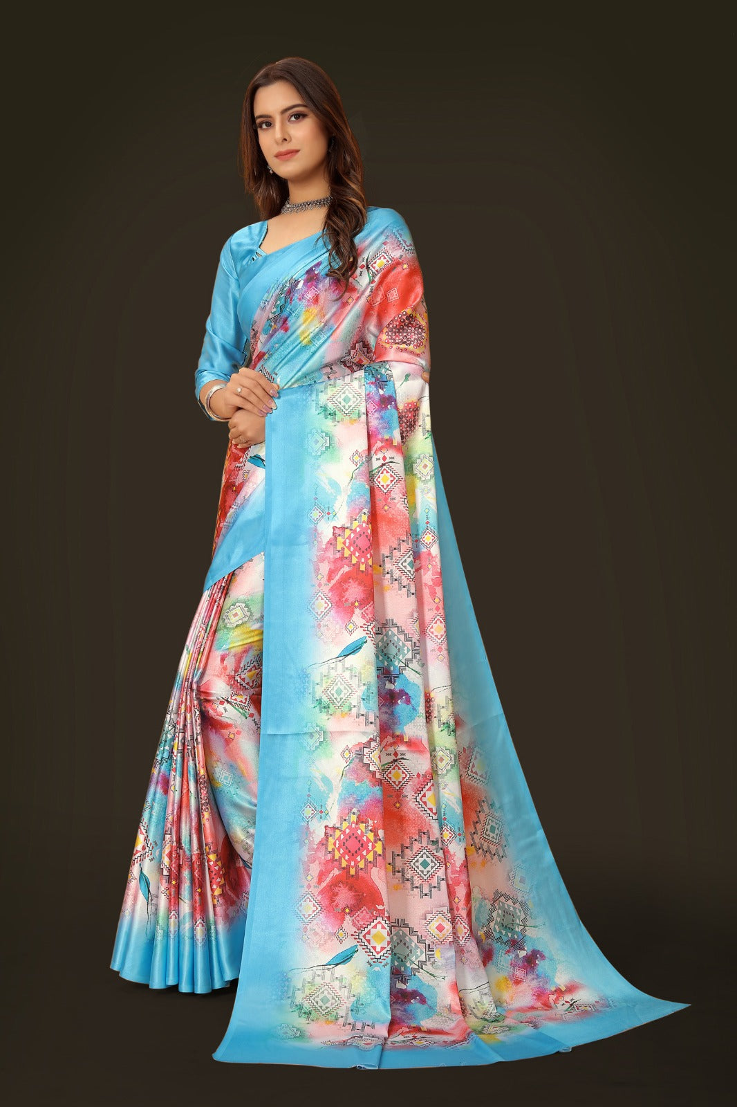Multi Satin printed Saree